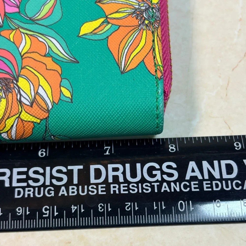 Trina Turk Teal‎ Green Floral Print Zip Around Continental Wallet PVC Colorful